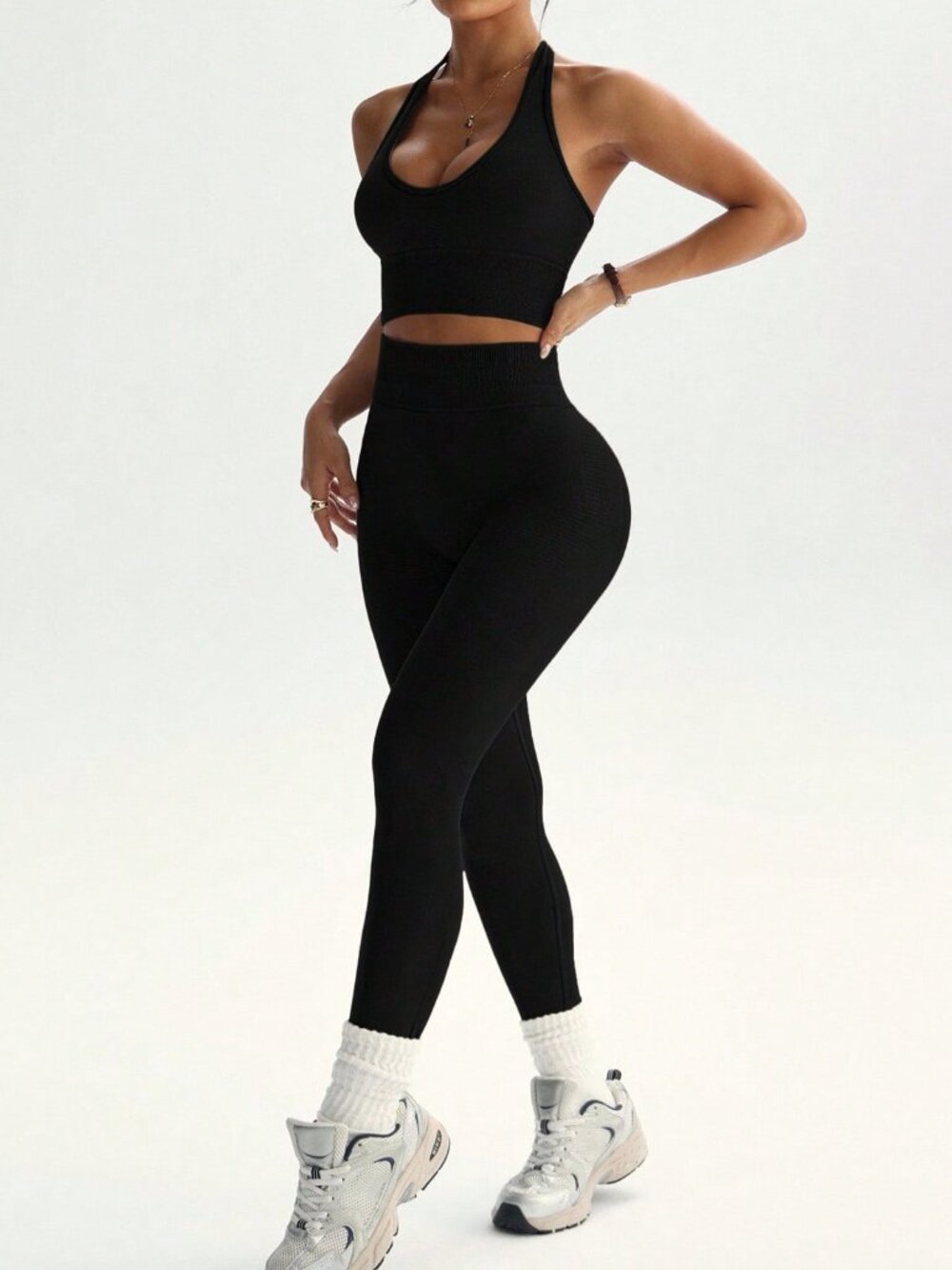 Black Casual Women's Halter Neck Tank Top And High Waist Leggings Sports Set - Picture 7 of 7